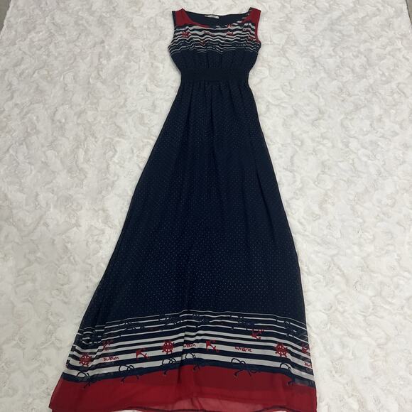 Size Small Anchor Print Sleeveless Red White Blue Summer Dress Crochet Accents - Picture 1 of 10